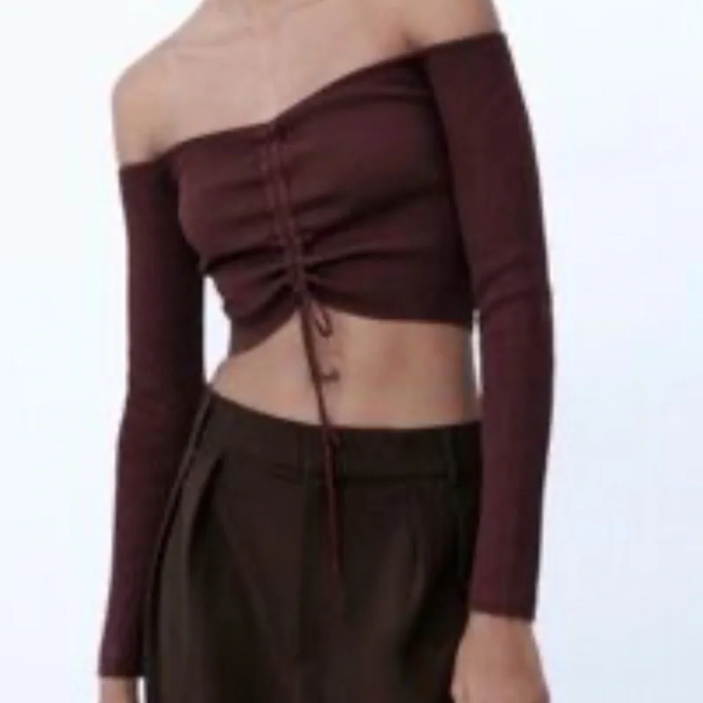 Zara Ribbed Long Sleeve Chocolate Brown Ruched Off the shoulder Sweater Top S